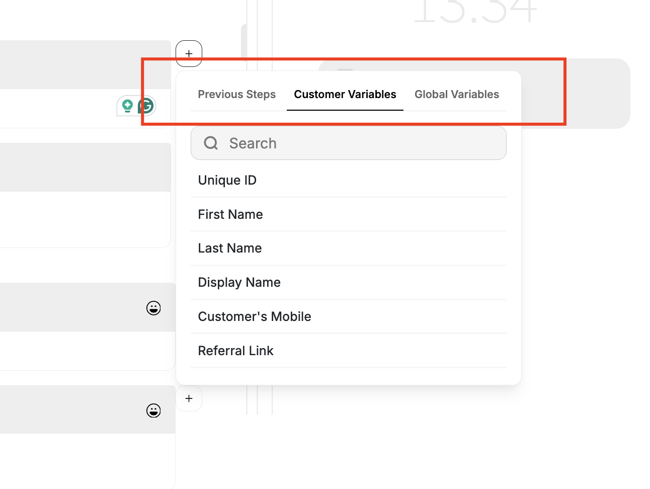 Attributes popup showing Previous Steps, Customer Variables, and Global Variables tabs