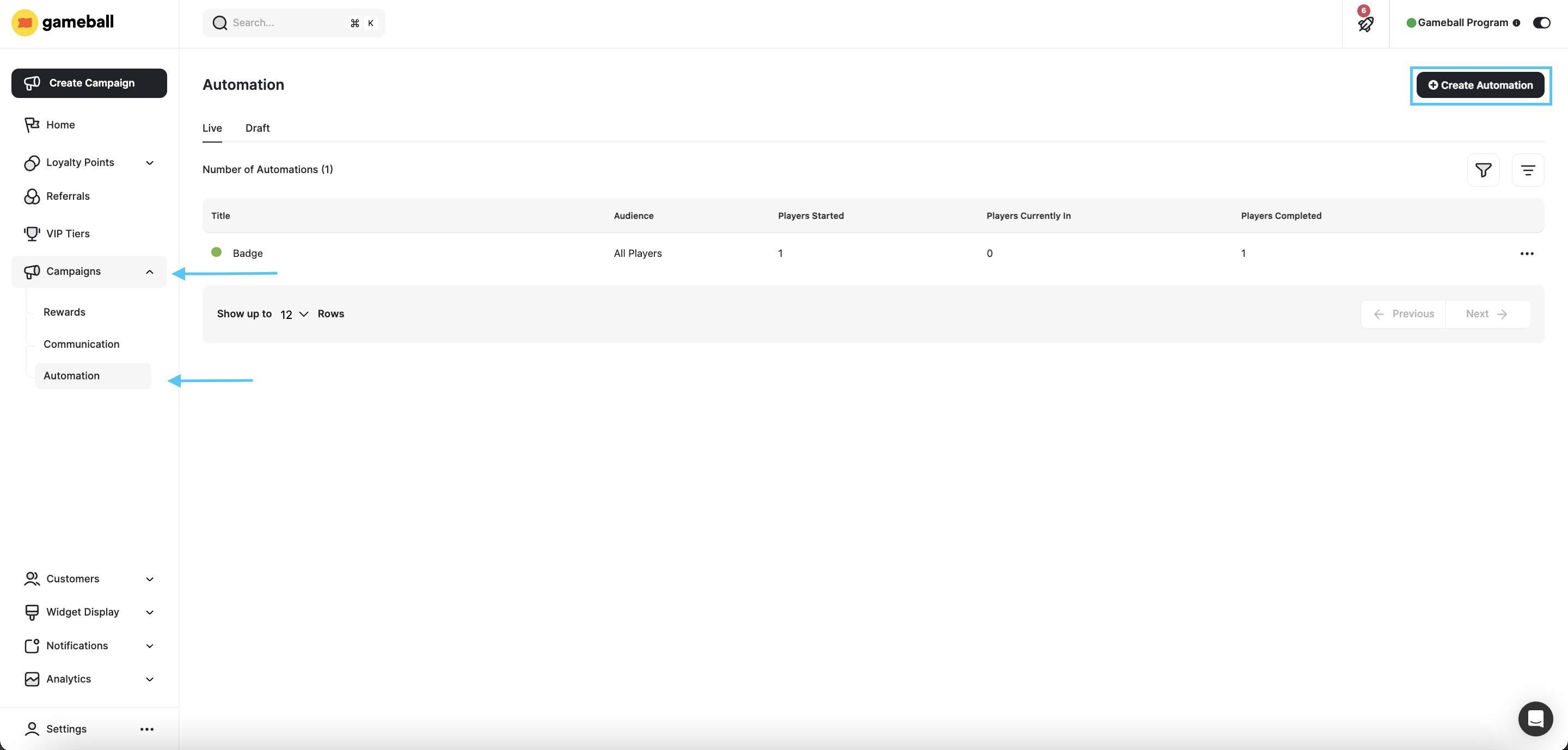 Create Automation button on the Automation section