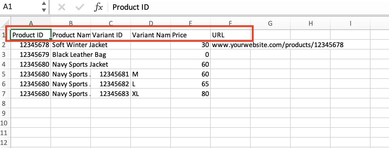 Products CSV Format