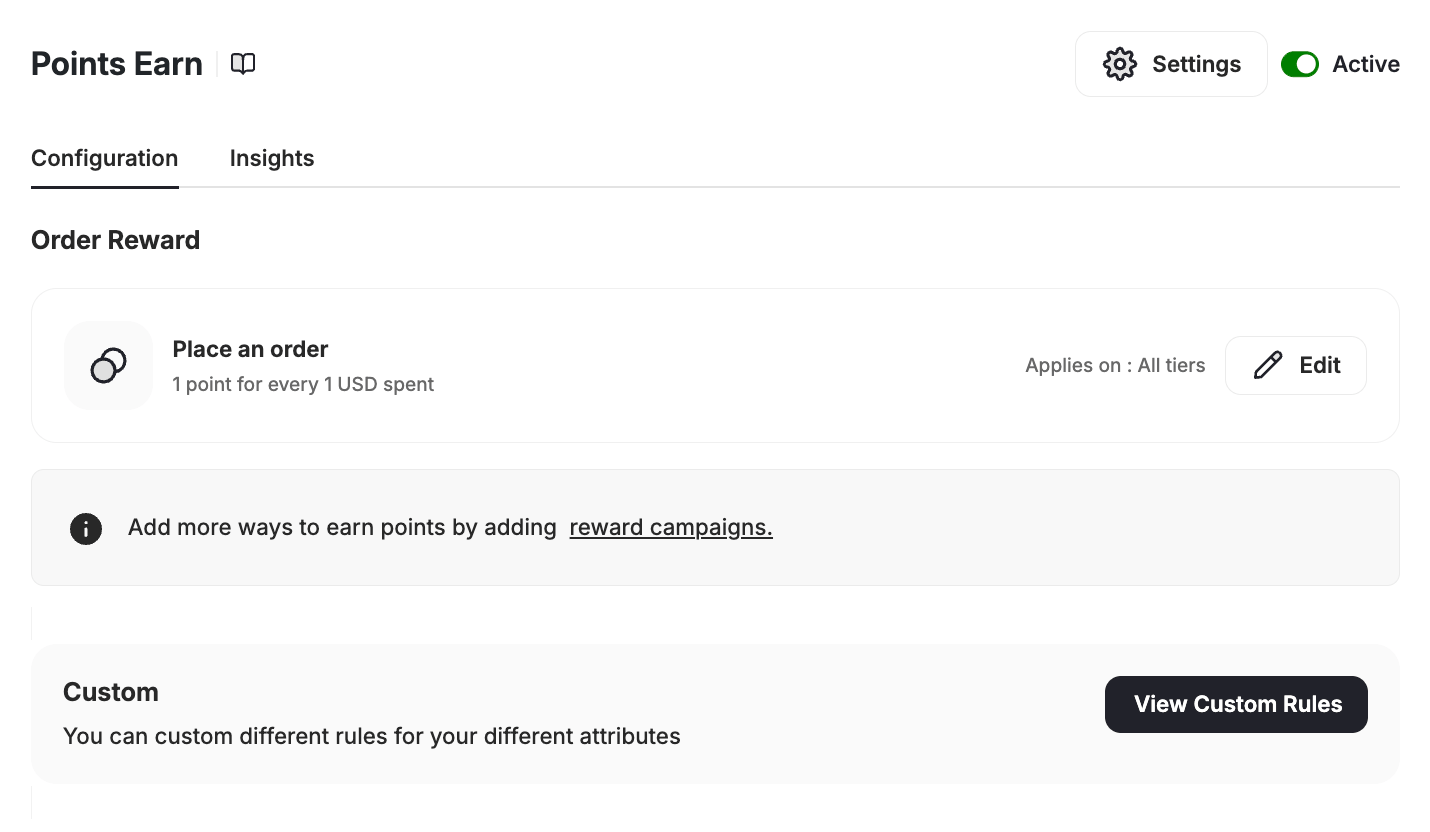 Points Earn configuration page