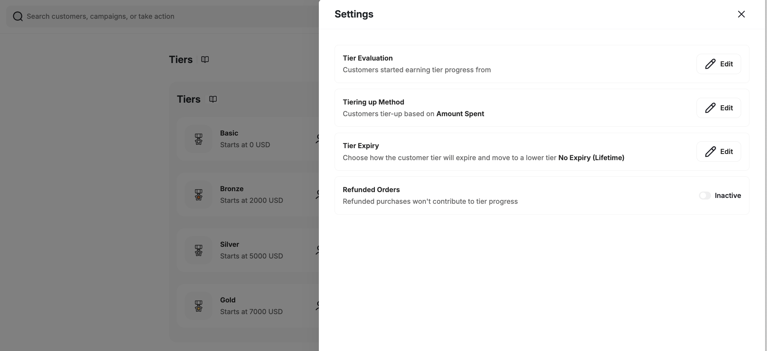 Tier expiry settings drawer