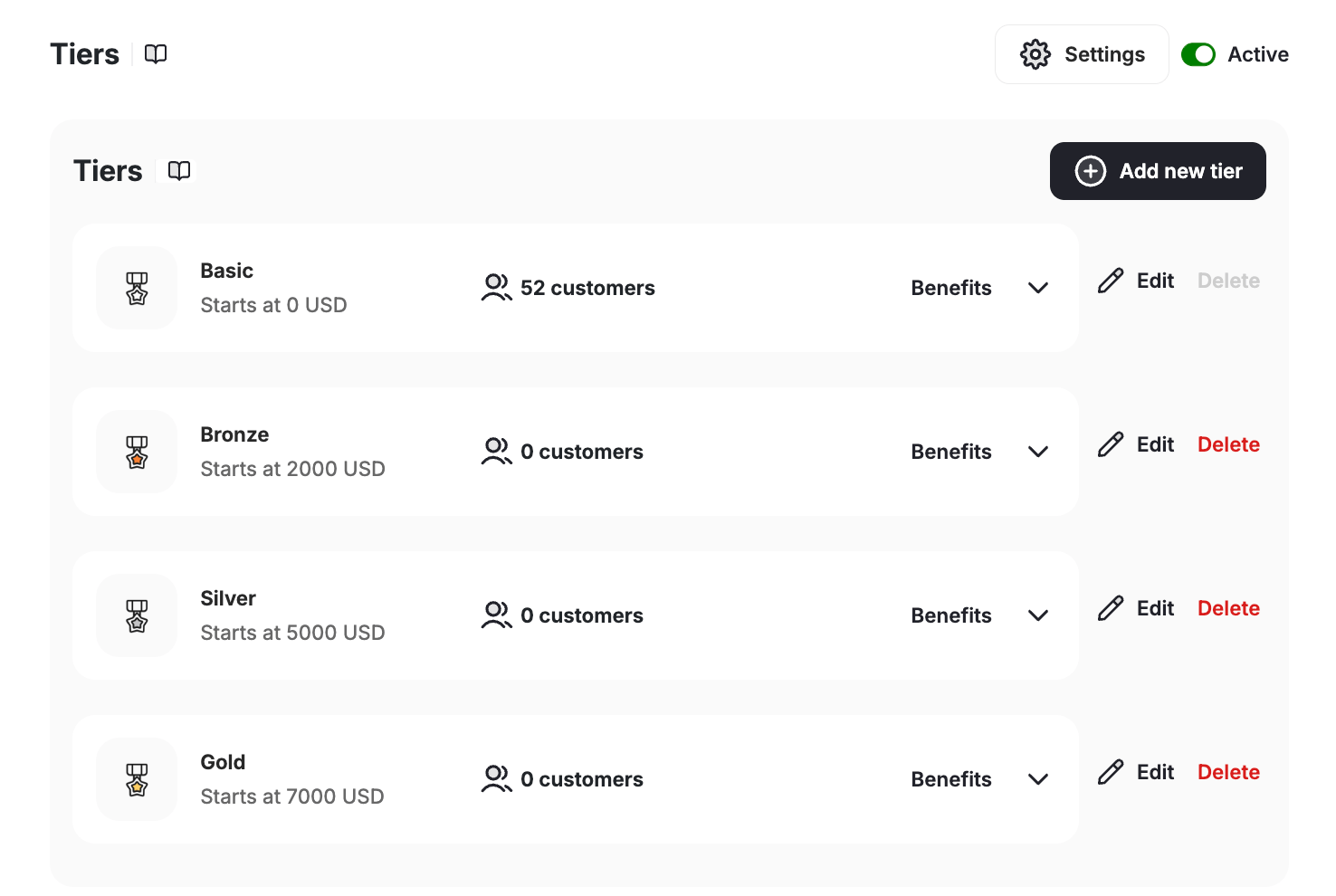 VIP Tiers settings page