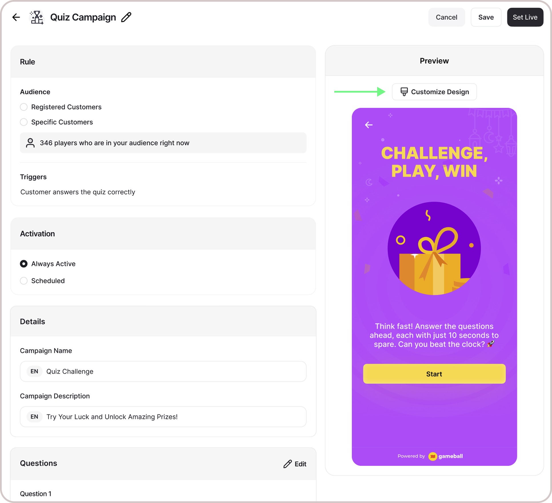 Quiz customization screens