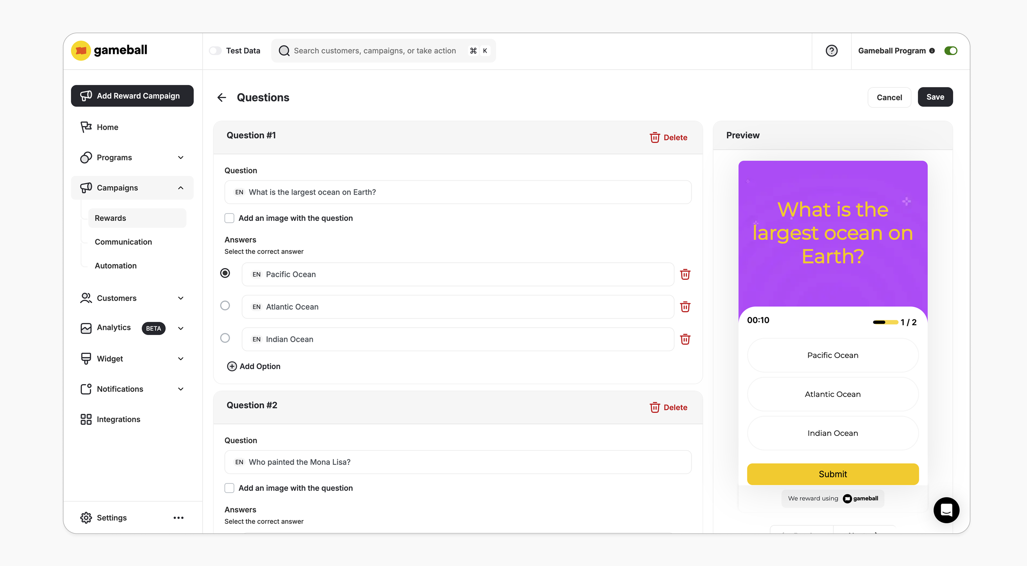 Quiz questions setup