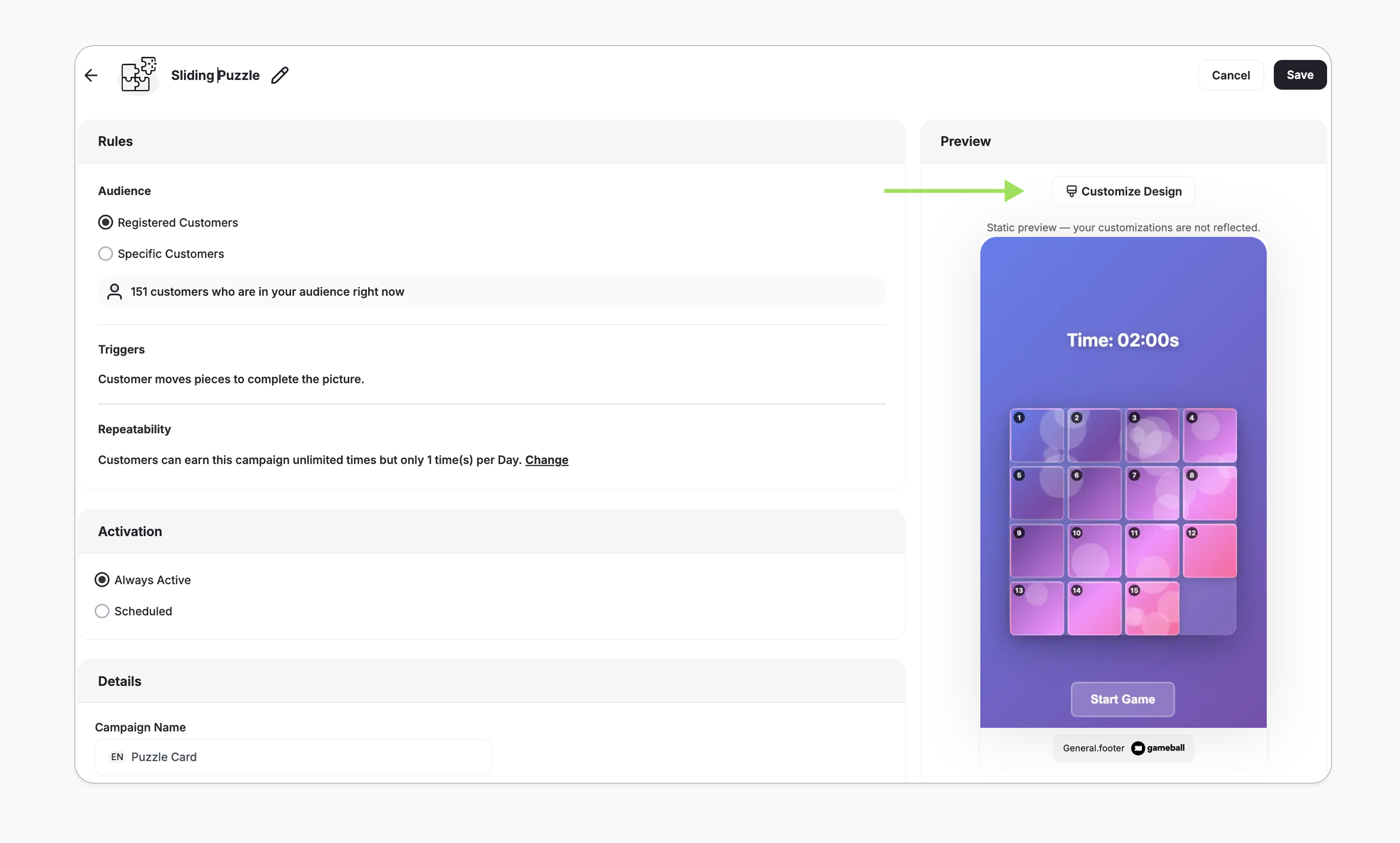 Sliding puzzle customization