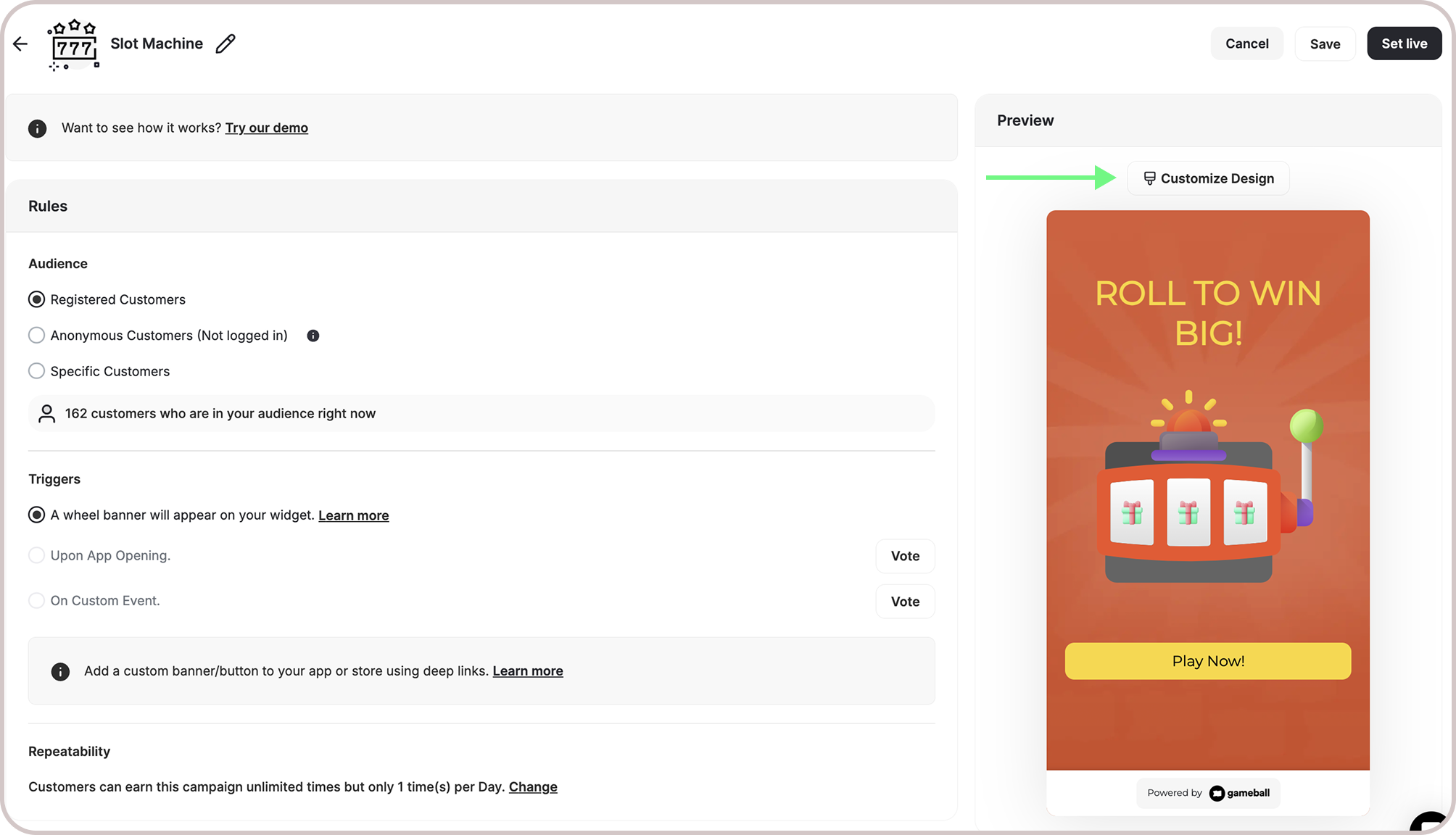 Slot machine customization screens