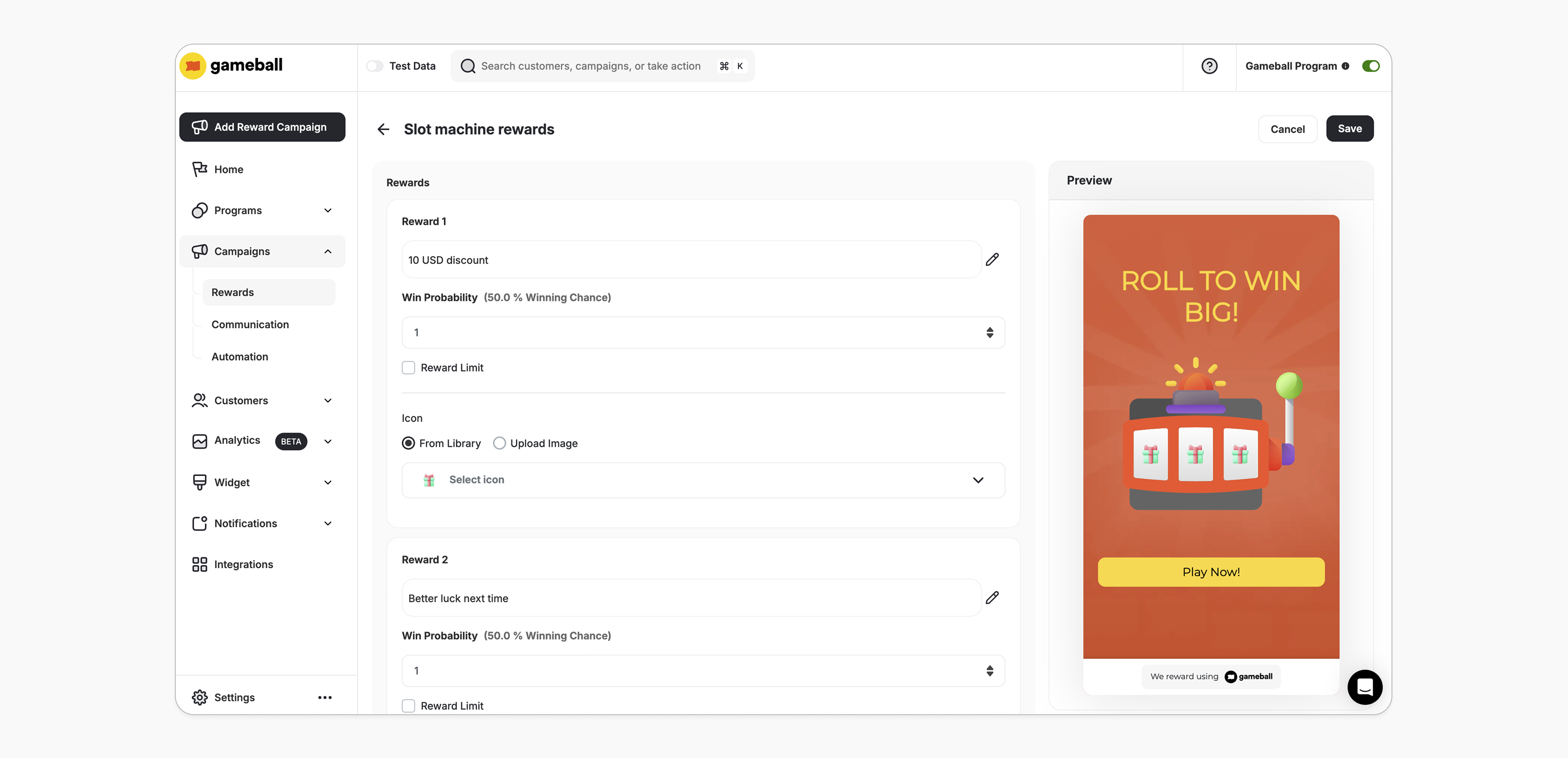 Slot machine rewards setup