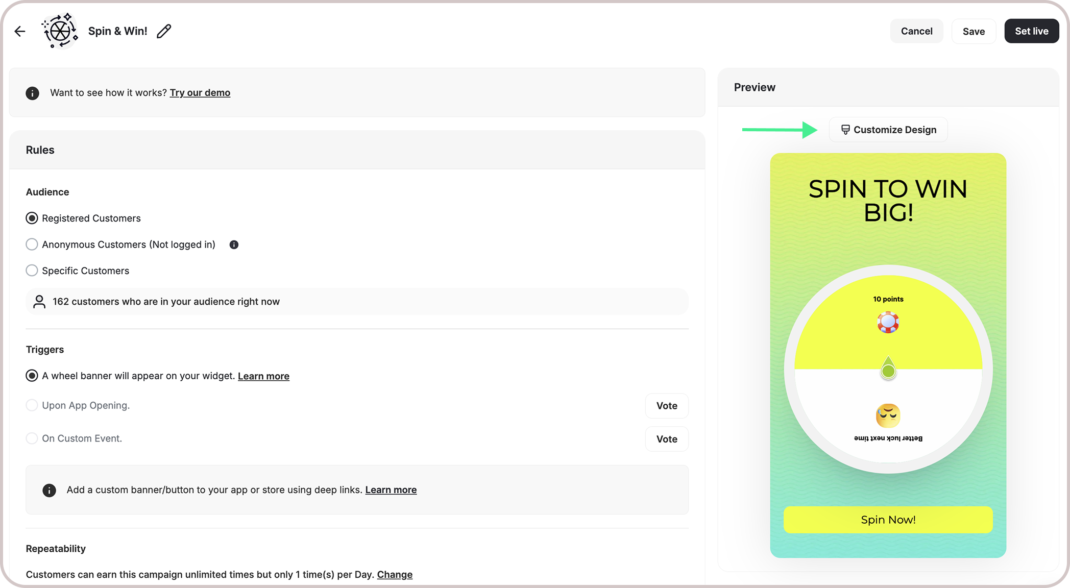 Spin the wheel customization screens