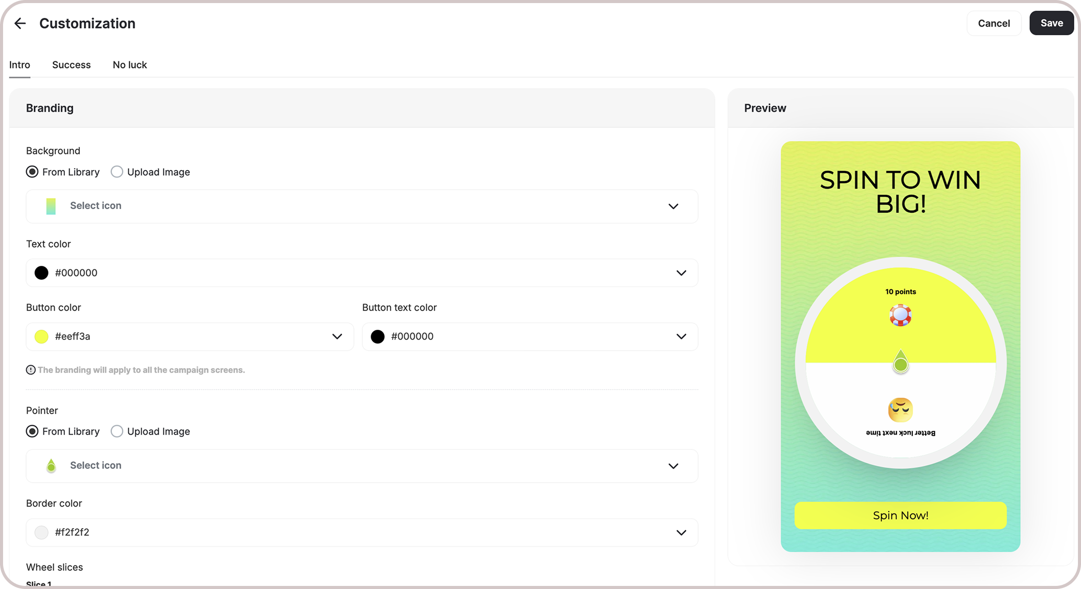 Spin the wheel customization details