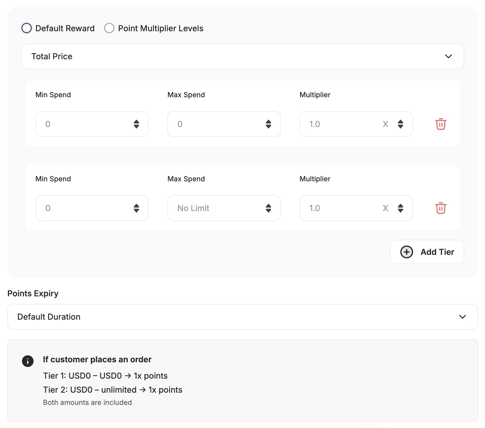 Point Multiplier Levels showing spend tiers and live equation preview