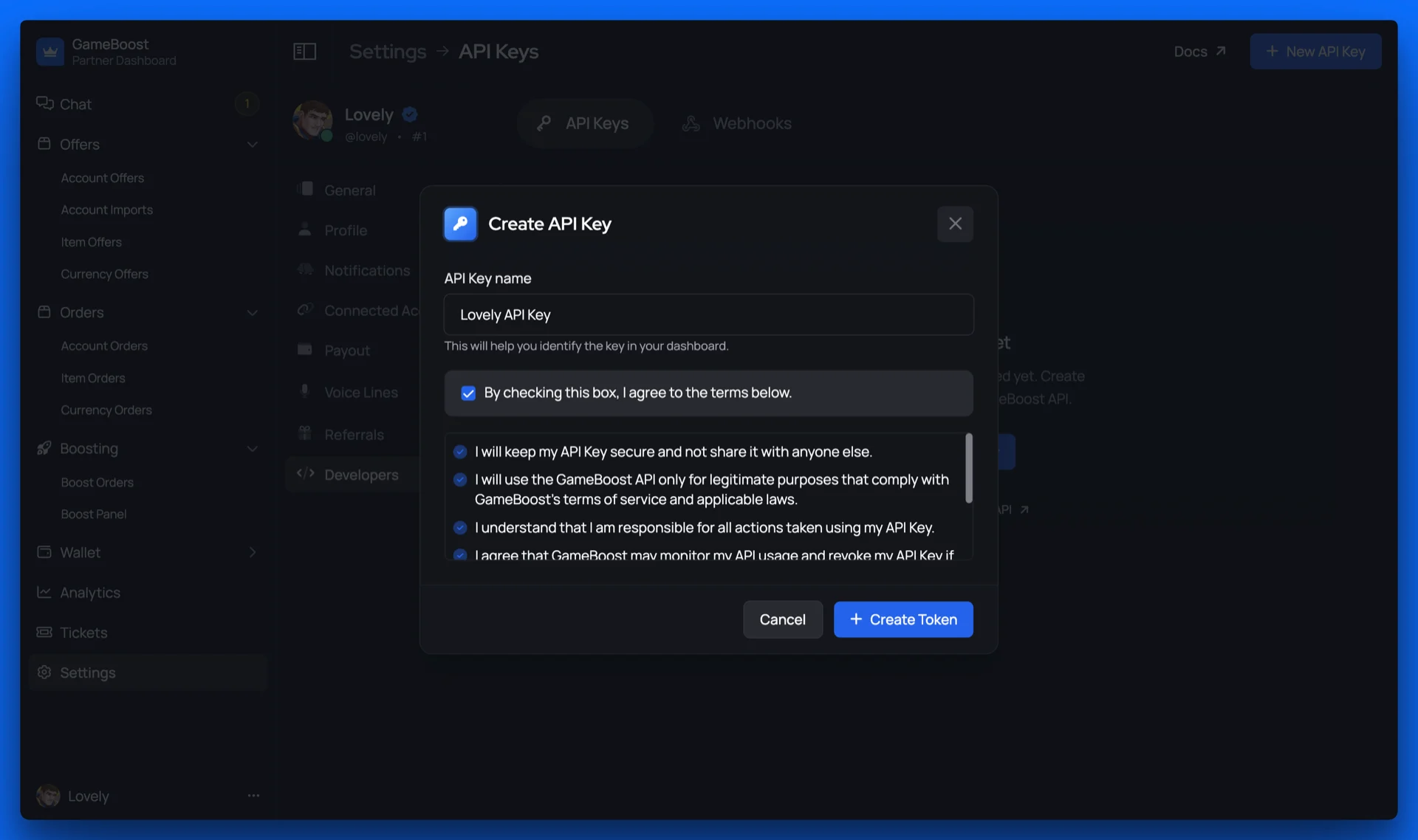 API Keys navigation in Partner Dashboard