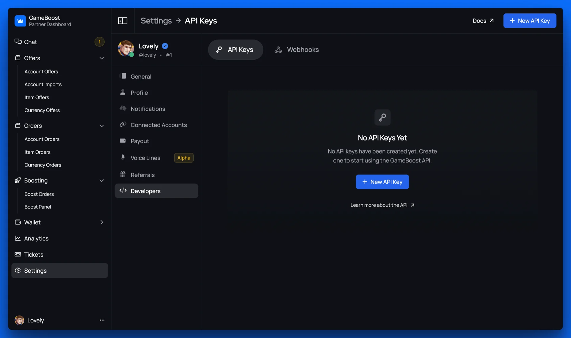 API Keys navigation in Partner Dashboard