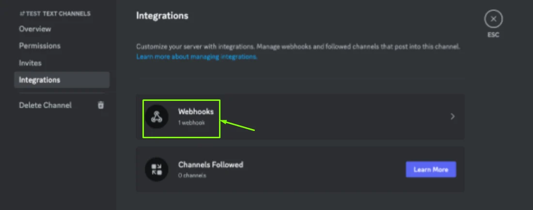 Discord Integrations and Webhooks menu