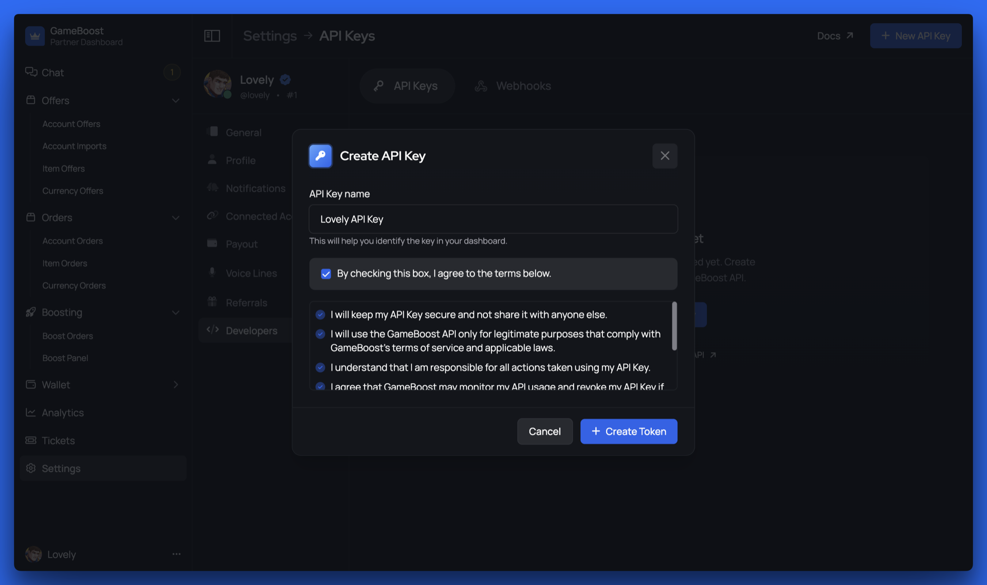 API Keys navigation in Partner Dashboard