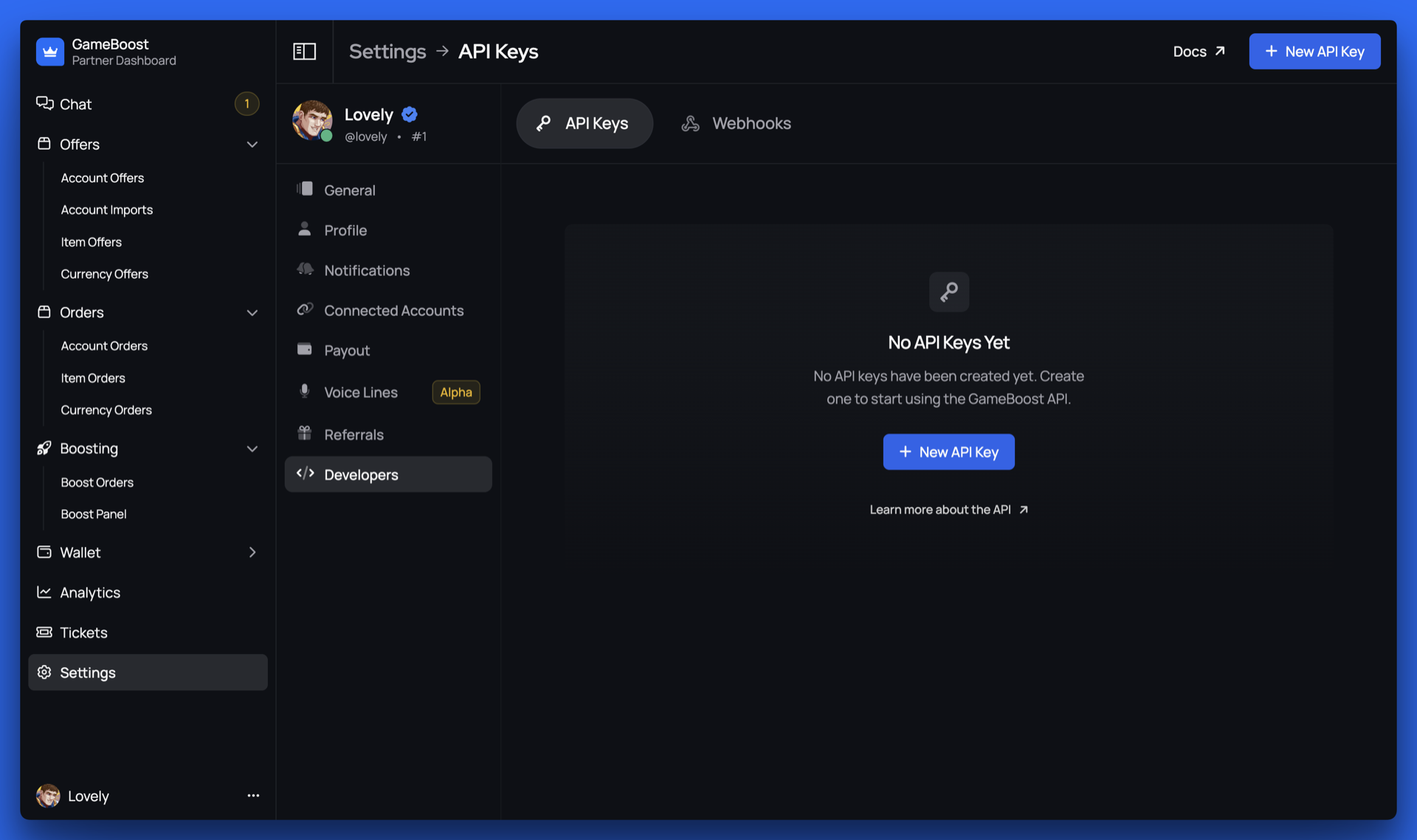 API Keys navigation in Partner Dashboard