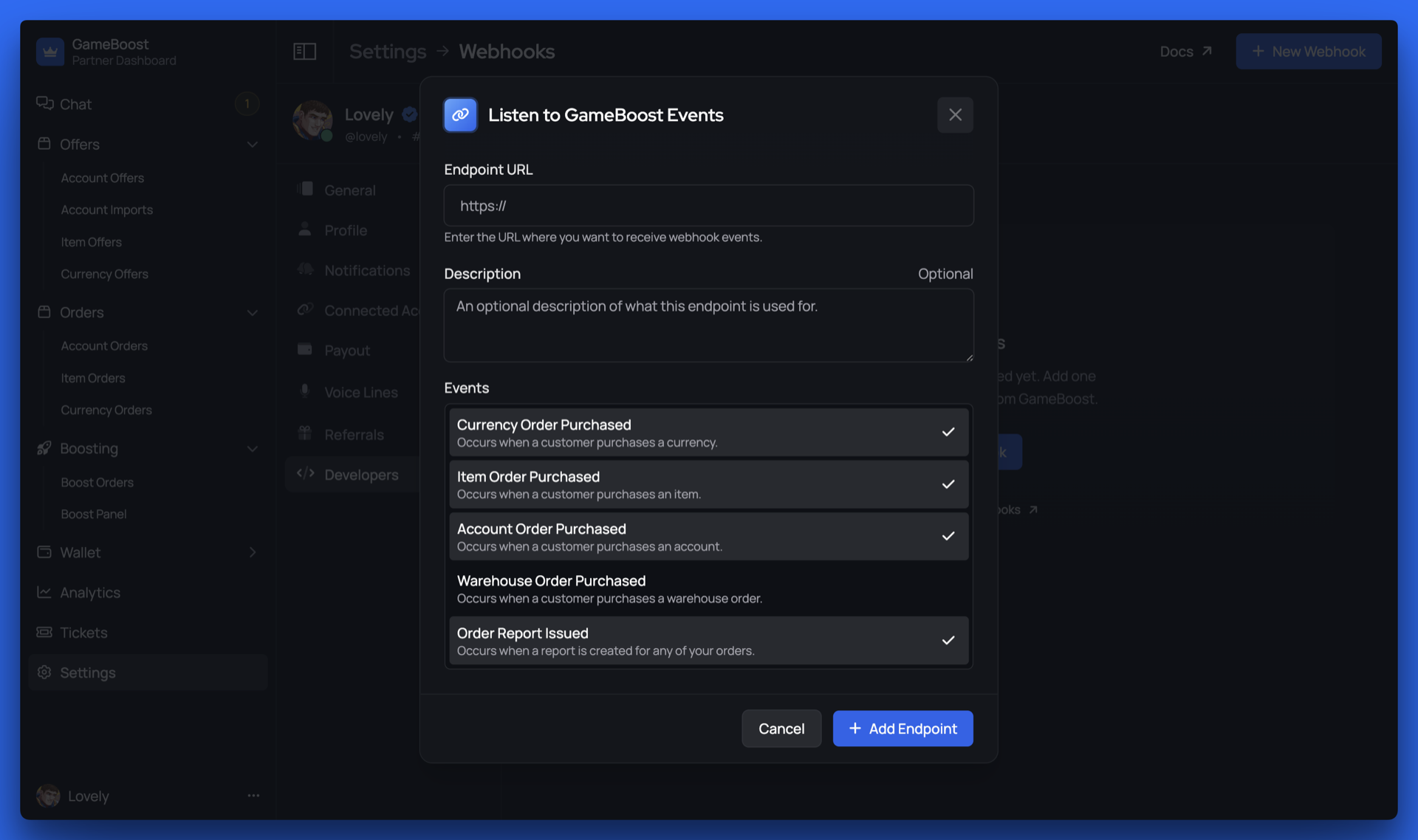 Webhooks settings in Partner Dashboard