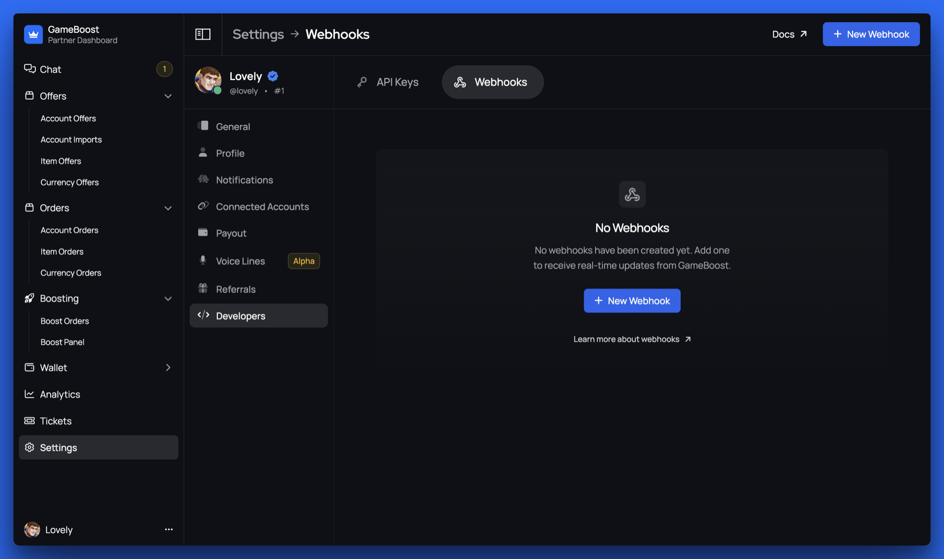 Webhooks settings in Partner Dashboard