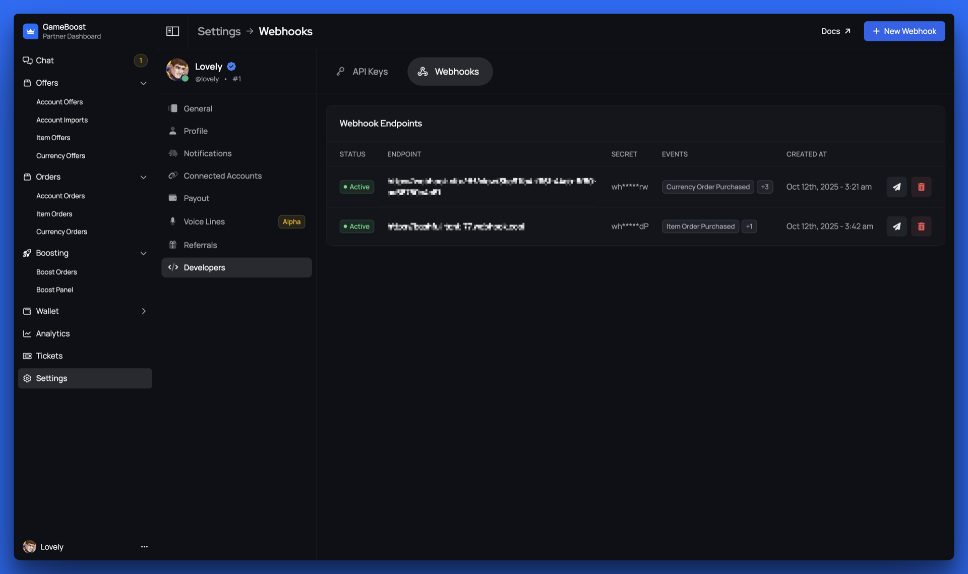 Active webhook configuration
