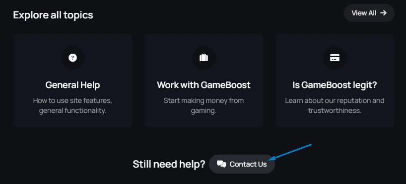 Support section in the main menu
