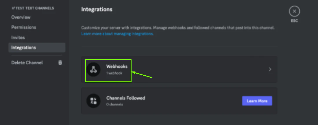 Discord Integrations and Webhooks menu