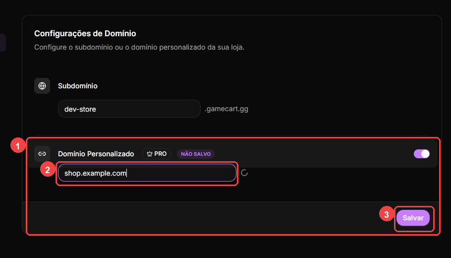 Custom domain settings with the enable control, hostname field, and save action highlighted