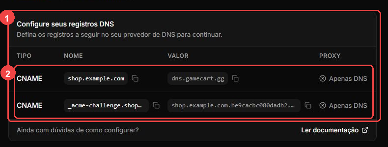 Custom domain DNS table with the routing and TLS validation records highlighted
