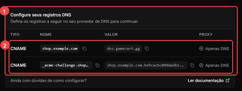 Custom domain DNS table with the routing and TLS validation records highlighted