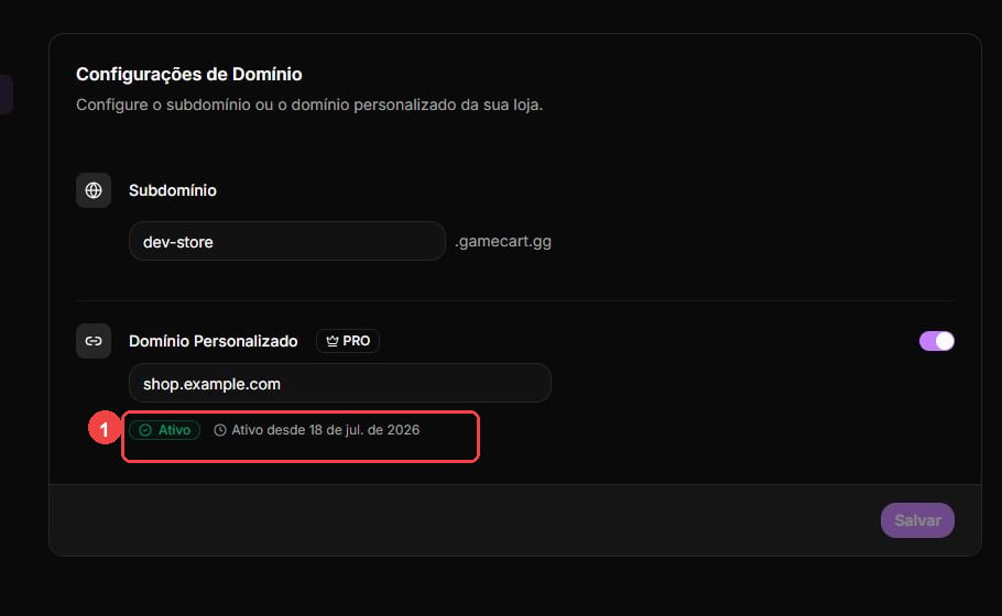 Custom domain settings with the active status and activation date highlighted