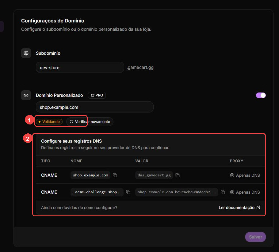 Custom domain settings with the pending status and DNS records highlighted