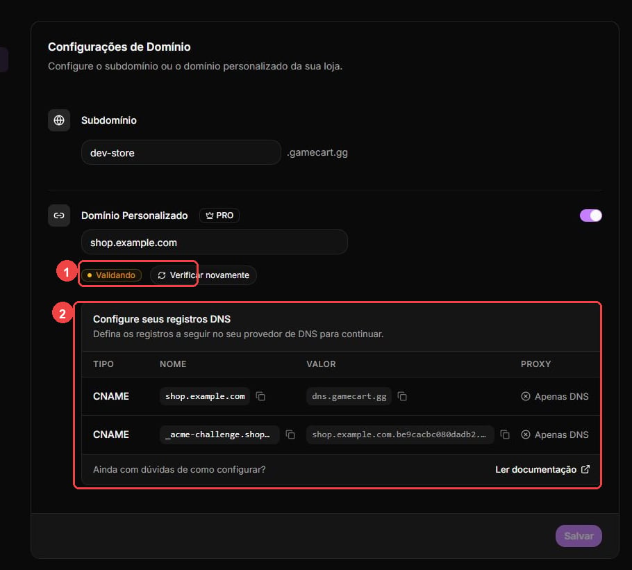 Custom domain settings with the pending status and DNS records highlighted