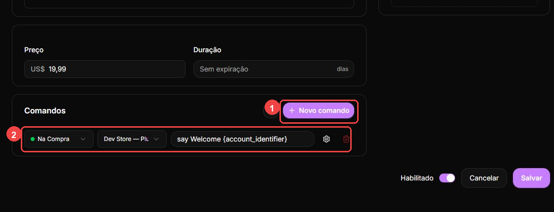 Product command editor with the new command action and configured delivery row highlighted