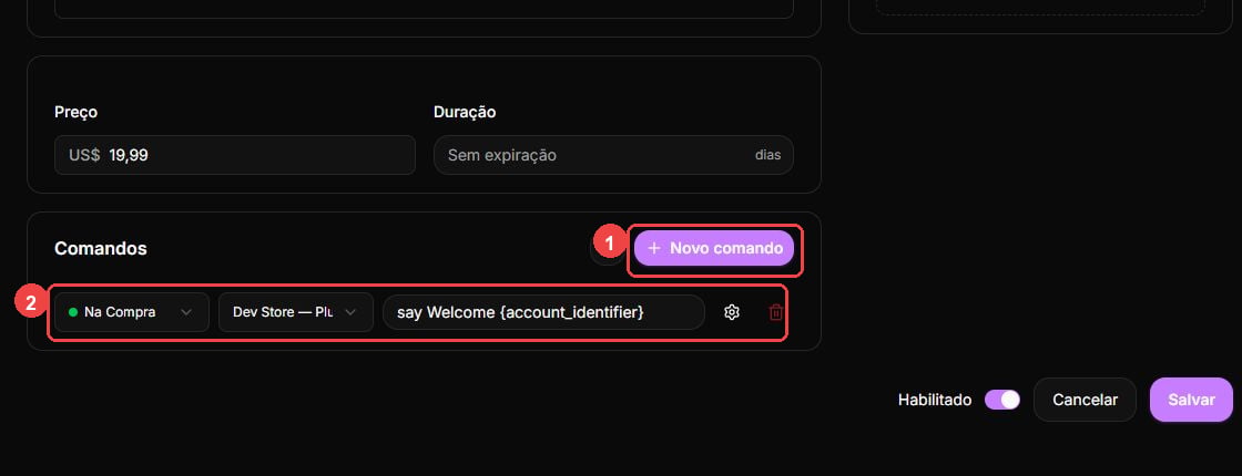 Product command editor with the new command action and configured delivery row highlighted