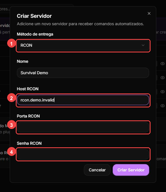 RCON server form with delivery method, host, port, and password fields highlighted