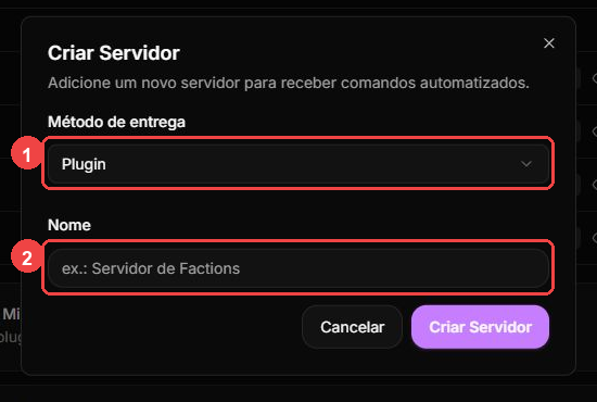 Create server dialog with the delivery method and server name fields highlighted