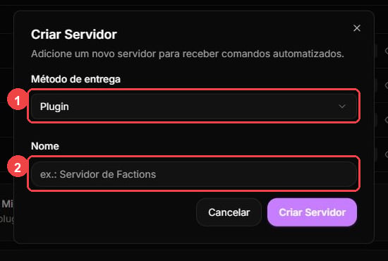 Create server dialog with the delivery method and server name fields highlighted