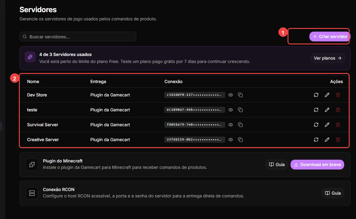 Server integrations page with the create button and existing delivery connections highlighted