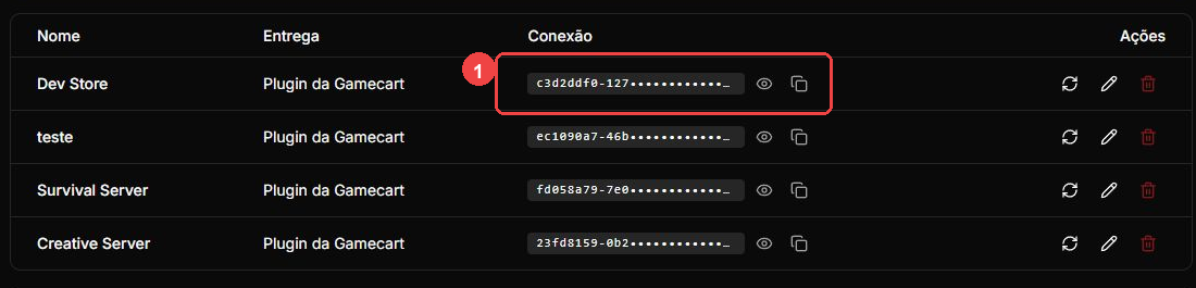 Minecraft server connection row with its masked token highlighted