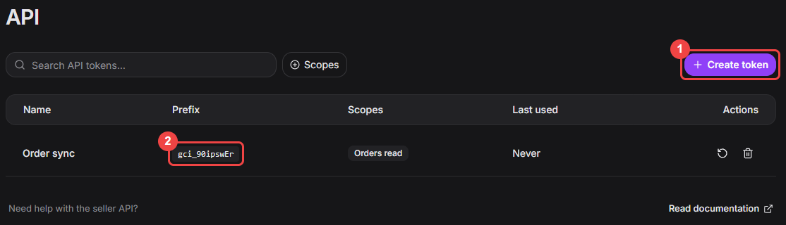 API tokens list with the Create token button and the token prefix highlighted