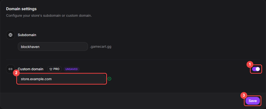 Domain settings with the custom domain switch, hostname field, and Save button highlighted