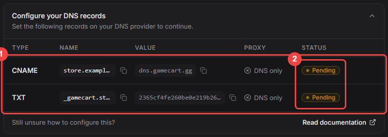 DNS records table with the CNAME and TXT records and their copy buttons highlighted