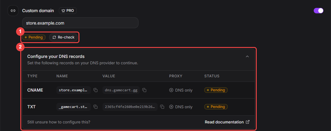 Domain settings with the Pending status, the Re-check button, and the DNS records highlighted