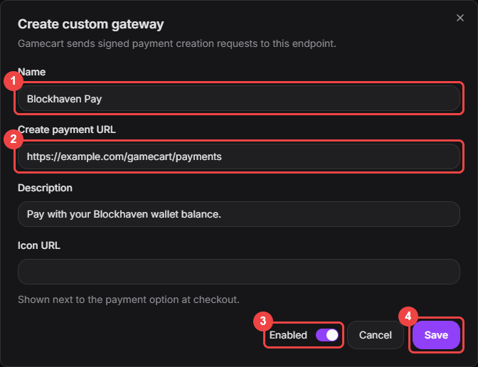 Create custom gateway dialog with the name, create payment URL, enabled switch, and Save button highlighted