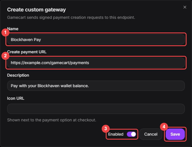 Create custom gateway dialog with the name, create payment URL, enabled switch, and Save button highlighted