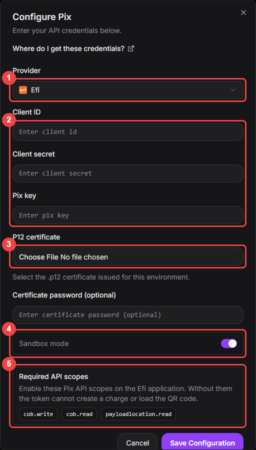 Configure Pix dialog with Efí selected and the credential fields, certificate, sandbox mode, and required scopes highlighted