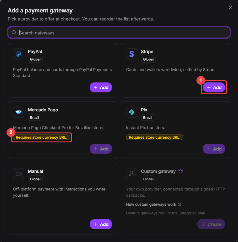Add a payment gateway dialog with the Stripe Add button and the BRL currency requirement highlighted