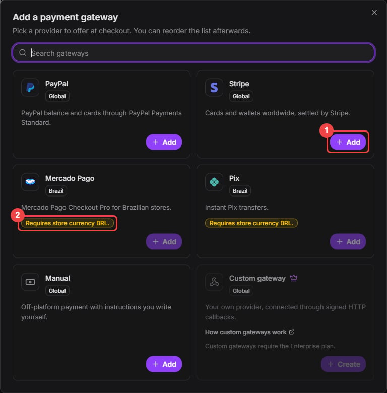 Add a payment gateway dialog with the Stripe Add button and the BRL currency requirement highlighted