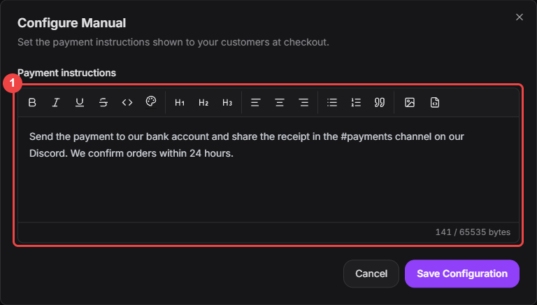 Configure Manual dialog with the payment instructions editor highlighted