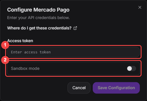 Configure Mercado Pago dialog with the access token field and the sandbox mode switch highlighted
