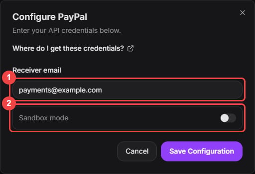 Configure PayPal dialog with the receiver email field and the sandbox mode switch highlighted
