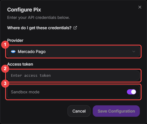 Configure Pix dialog with the provider, access token, and sandbox mode highlighted